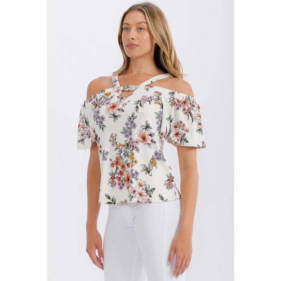 FLORAL KEYHOLE COLD SHOULDER BLOUSE - Picture 3 of 3